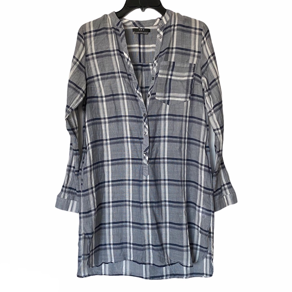 SET Plaid Blue and White Lightweight Cotton Tunic Cover Up